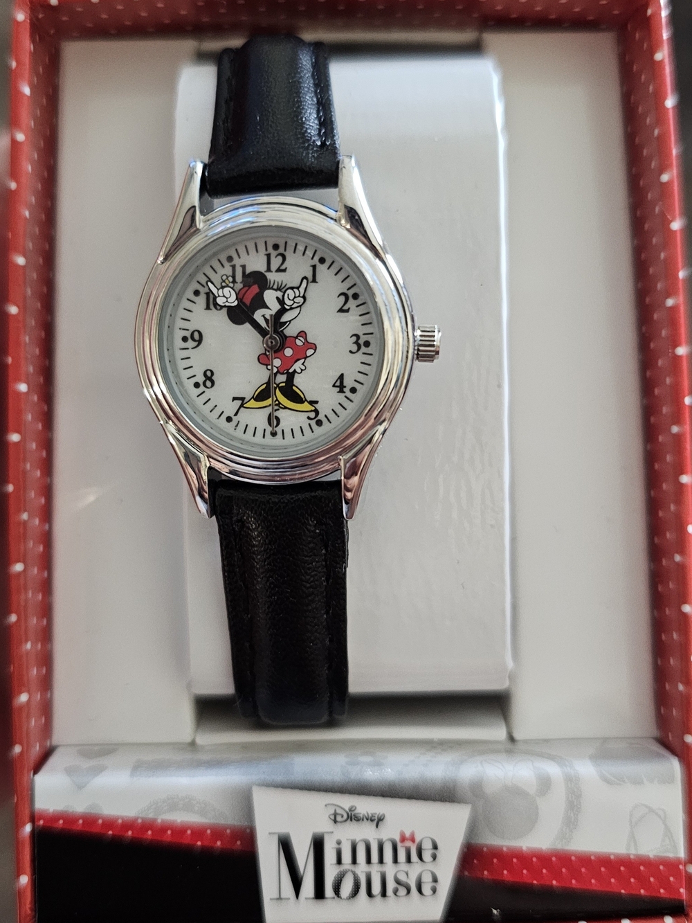 Disney Minnie Mouse Watch - Black Strap, Silver Case, Red Bow